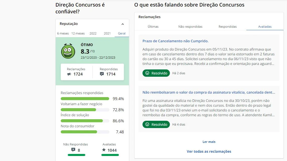 Curso Direção Concursos é bom? Uma Análise Detalhada 1 foto do reclame aqui do curso direção concursos