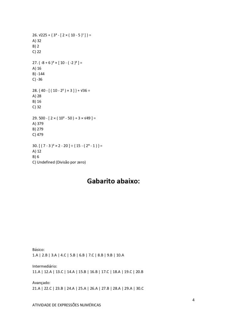 Atividades sobre Expressões Numéricas para 6° e 7° ano 1 Atividades sobre Expressoes Numericas quatro gabarito