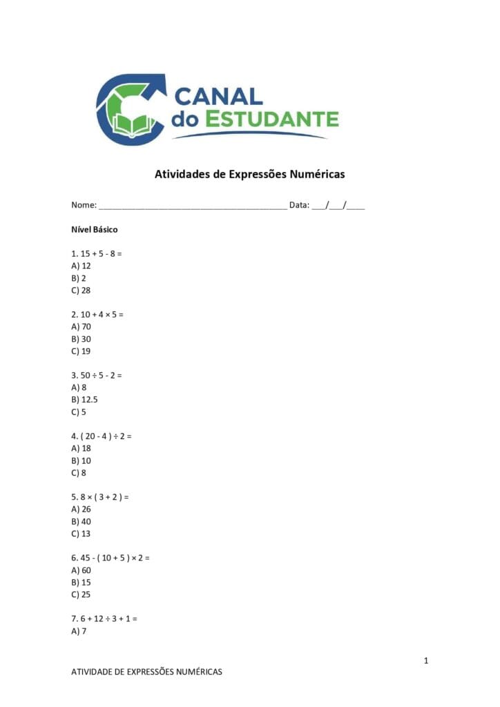 Atividades sobre Expressões Numéricas para 6° e 7° ano 4 Atividades sobre Expressoes Numericas um