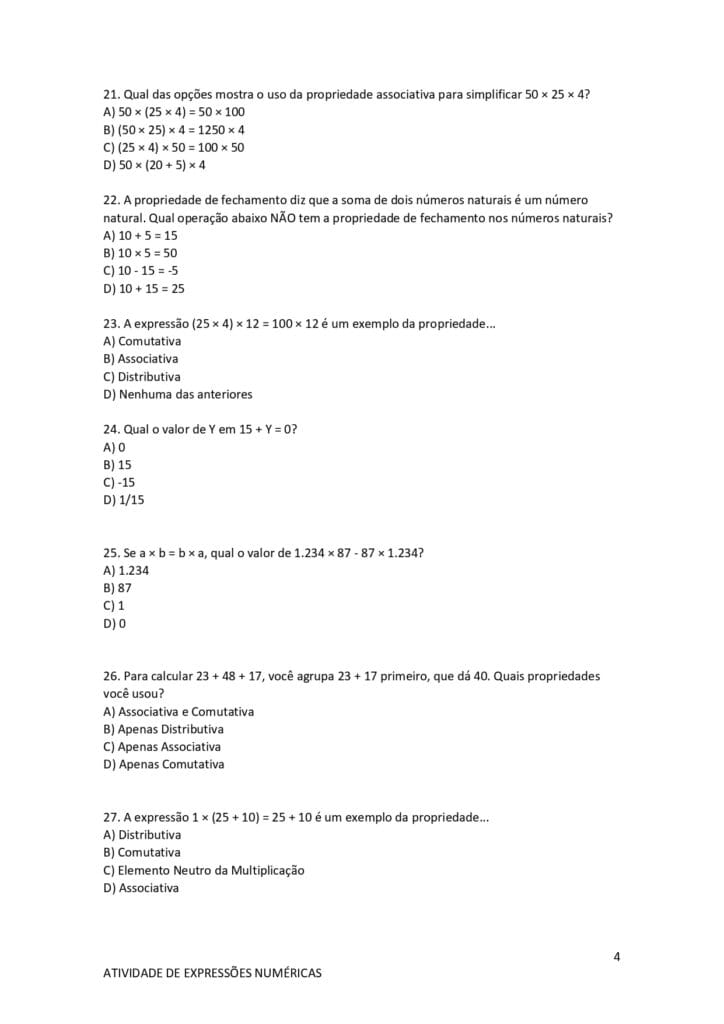 Atividades sobre Propriedade das Operações – 6° e 7° ano 4 Atividades sobre Propriedade das Operações – 6 e 7 ano quatro