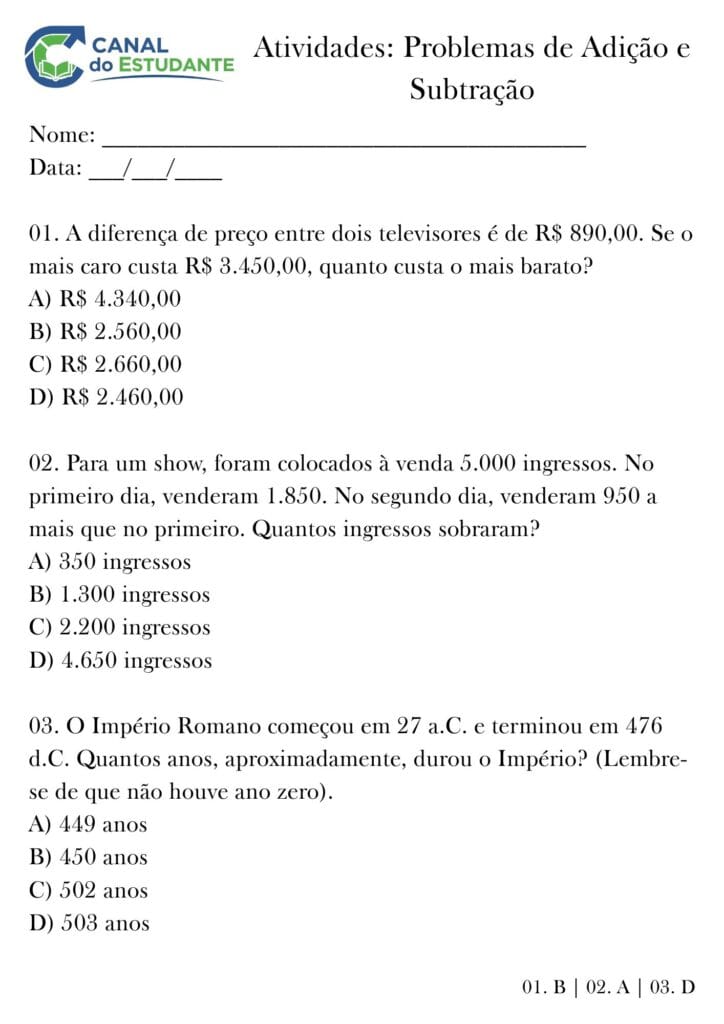 atividades de adição e subtração