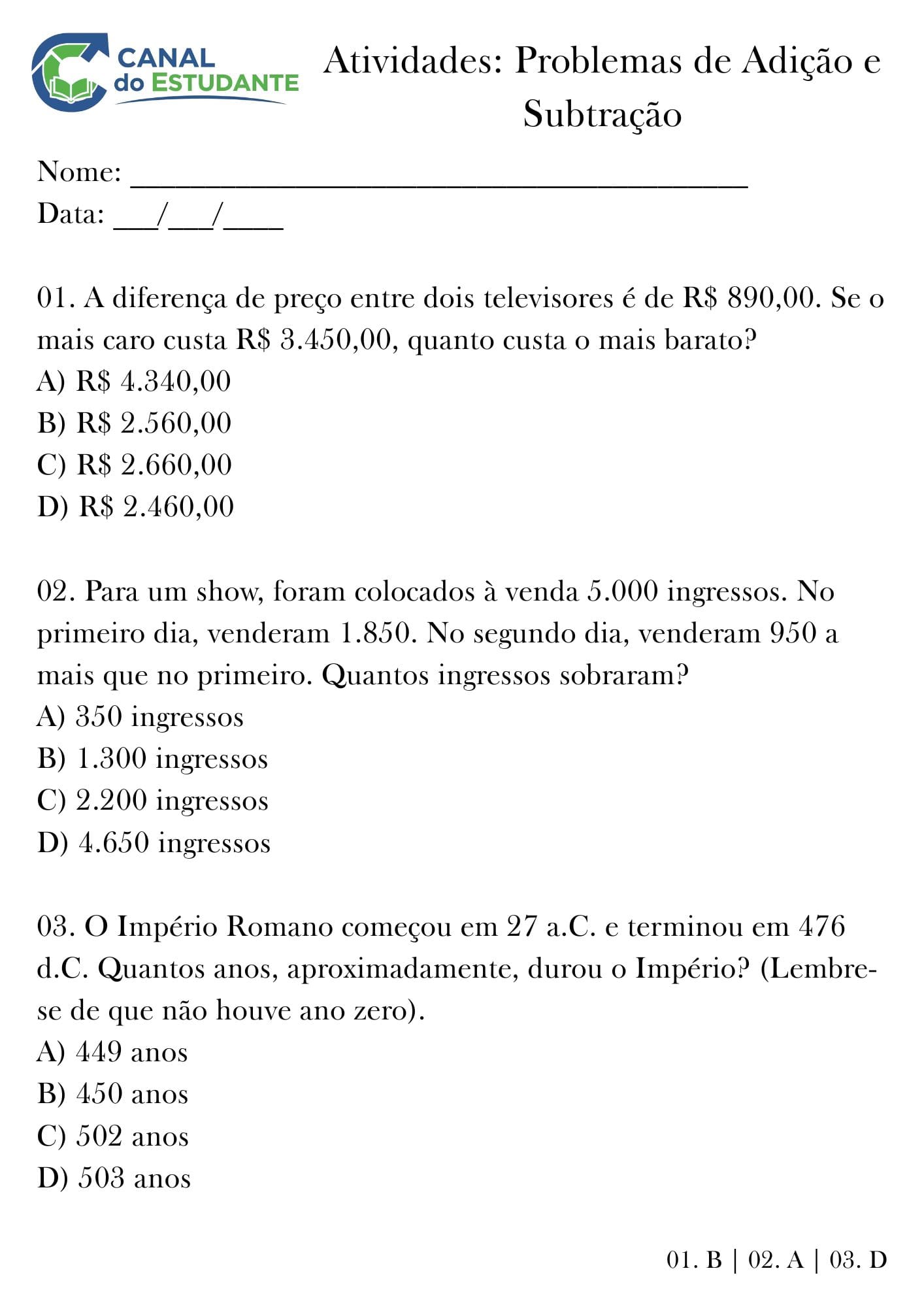 Atividades de Adição e Subtração – 6º e 7º ano com Gabarito