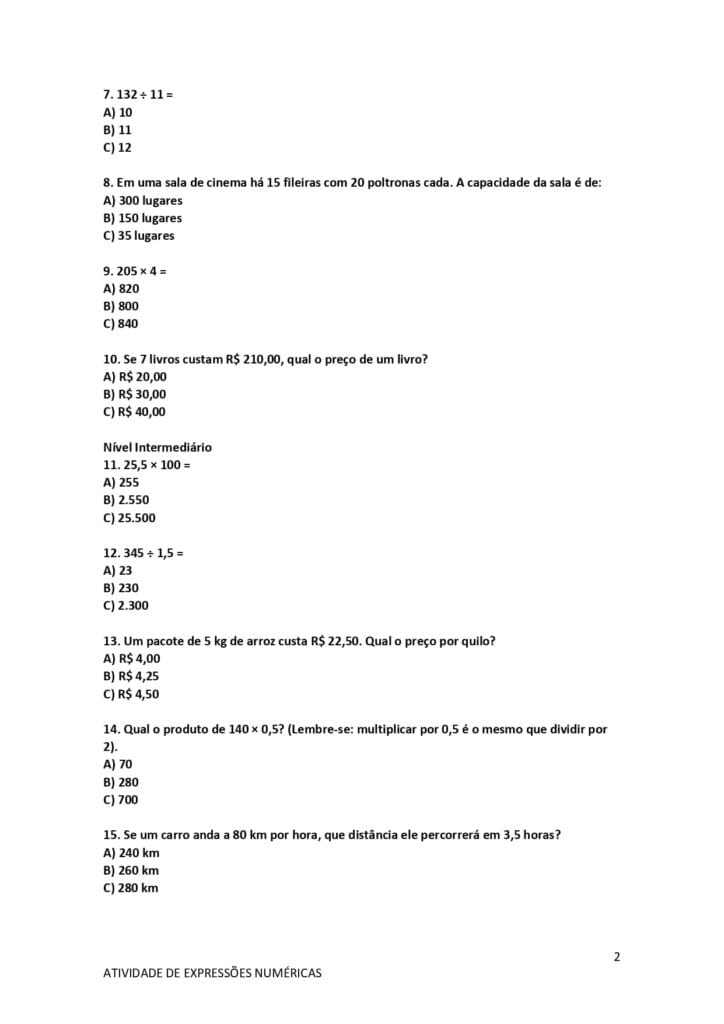 Atividades de Multiplicação e Divisão – 6° e 7° ano 4 atividades de multiplicacao e divisao para imprimir dois