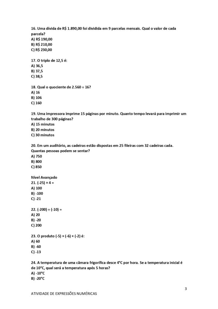Atividades de Multiplicação e Divisão – 6° e 7° ano 3 atividades de multiplicacao e divisao para imprimir tres