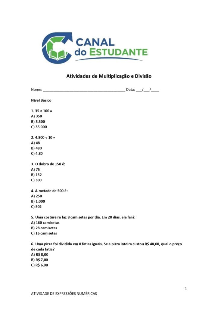 Atividades de Multiplicação e Divisão – 6° e 7° ano 1 atividades de multiplicacao e divisao para imprimir um