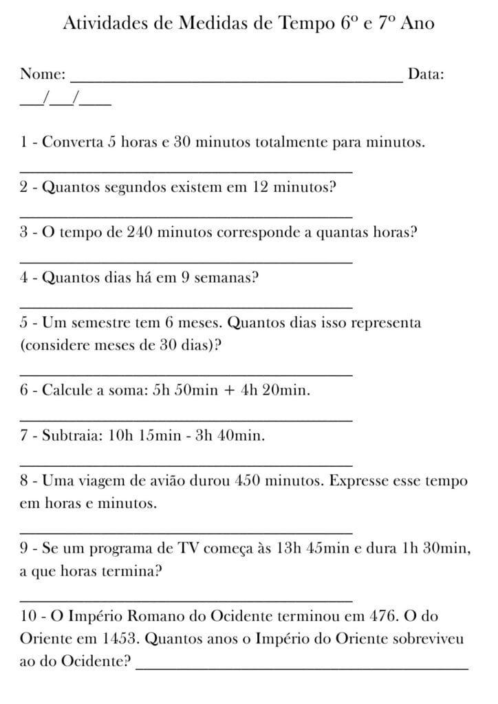 atividades matemática sobre medidas de tempo para 6 e 7 ano