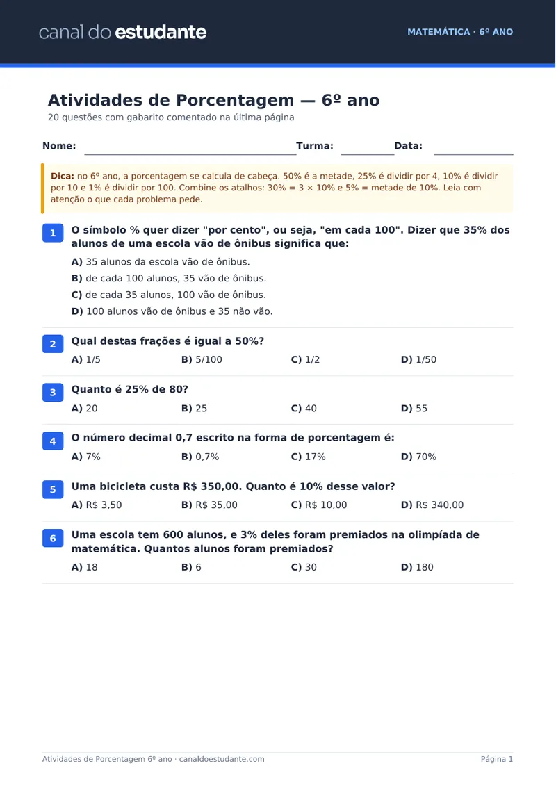 Primeira página da lista de atividades de porcentagem do 6º ano para imprimir, com questões de múltipla escolha